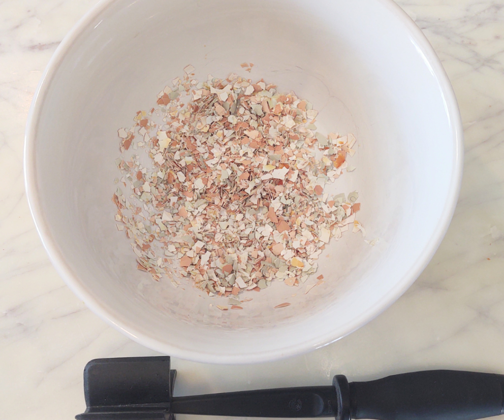Finely crushed egg shells in bowl