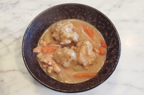 bowl of chicken and dumplings