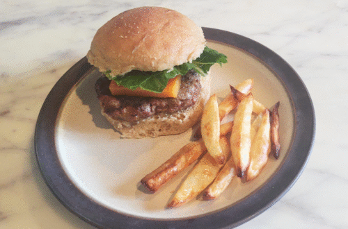freshly milled hamburger bun with french fries