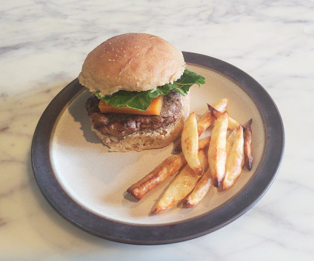 freshly milled hamburger bun with french fries