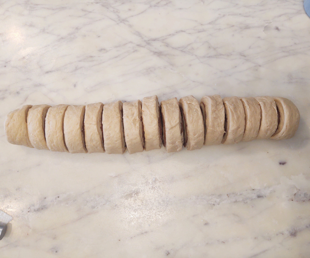 cut up sourdough cinnamon roll dough