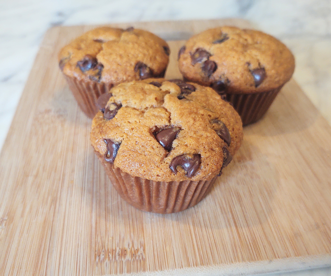 3 chocolate chip muffins made with soft white wheat