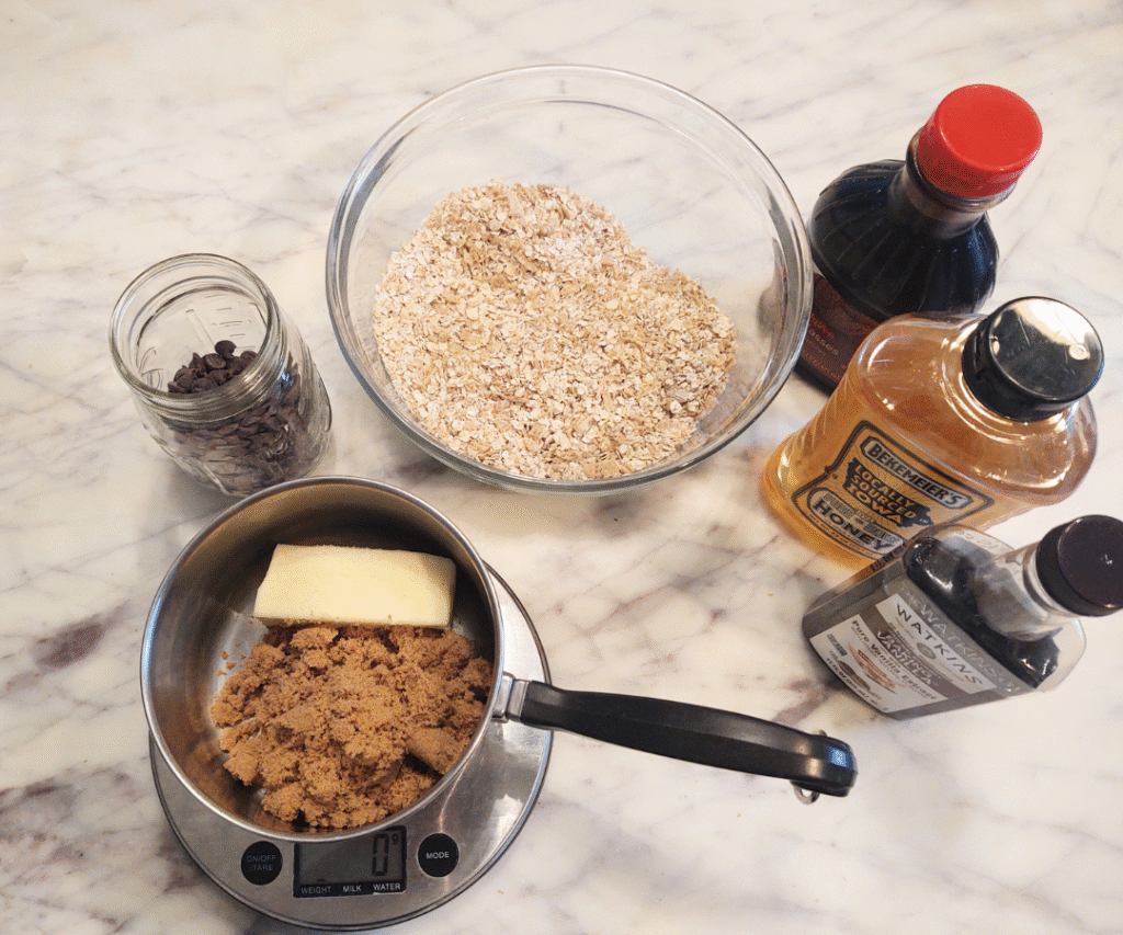 ingredients for honey oatmeal and chocolate chip bars