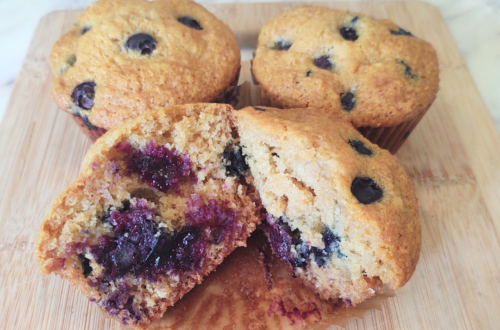 cut open blueberry muffin made with soft white wheat