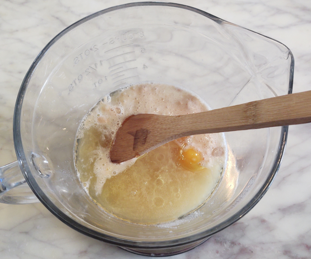 added eggs, oil and salt to honey yeast water